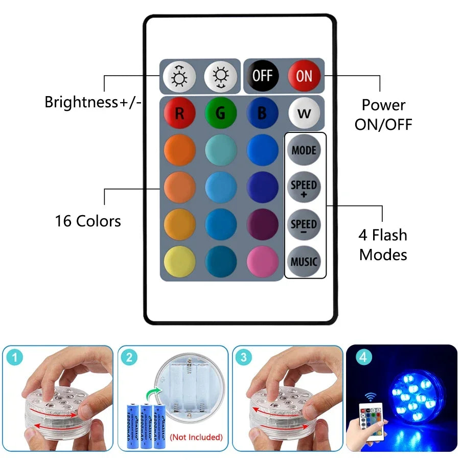 Underwater Lights LED Submersible Pool Lights Rechargeable 200FT Remote Control Swimming Pool Light with Timer Color Changing