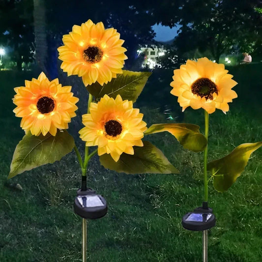 Solar Powered Sunflower Simulation LED Lights 1/3 Heads Garden Yard Lawn Night Landscape Lamp Christmas Decor Flower Light