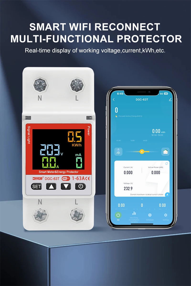 2P WiFi Smart Circuit Breaker DGC-63T, Remote Control 1-63A Adjustable Switch, Timer, Voltage, Current, Temperature, Leakage Protection