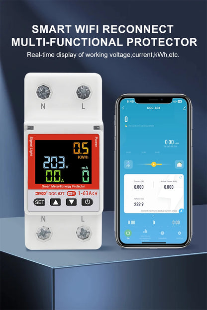2P WiFi Smart Circuit Breaker DGC-63T, Remote Control 1-63A Adjustable Switch, Timer, Voltage, Current, Temperature, Leakage Protection