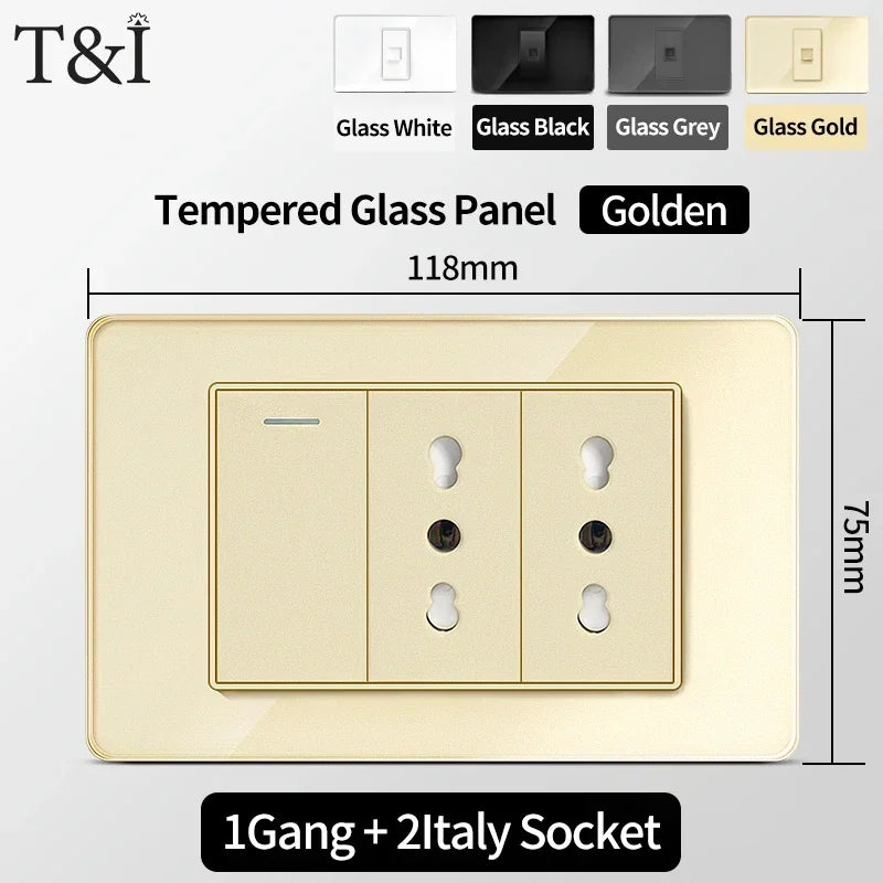 118-Style EU/CL Dual Socket with USB-C PD 20W Tempered Glass Italy & Chile Outlet for Home Office