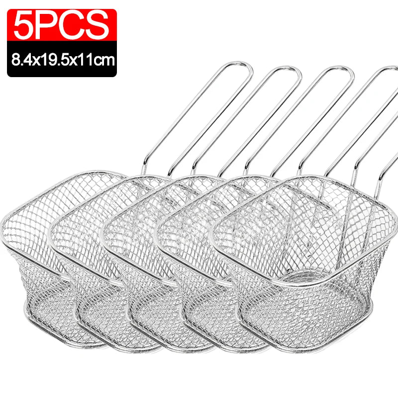 Mini Square Fry Basket Metal French Fries Chips Holder with Handle Desk Food Presentation Mesh Basket Kitchen Accessories Tools