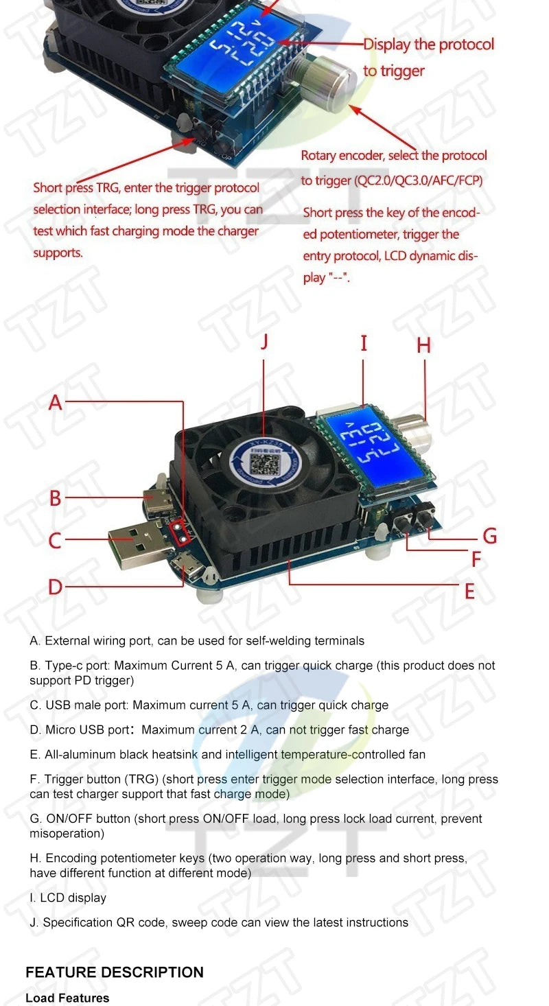 KZ35 Constant Current Electronic Load USB Type-C QC2.0 QC3.0 AFC FCP Trigger Battery Tester Discharge Capacity Meter