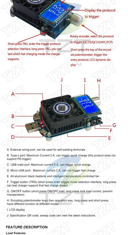 KZ35 Constant Current Electronic Load USB Type-C QC2.0 QC3.0 AFC FCP Trigger Battery Tester Discharge Capacity Meter
