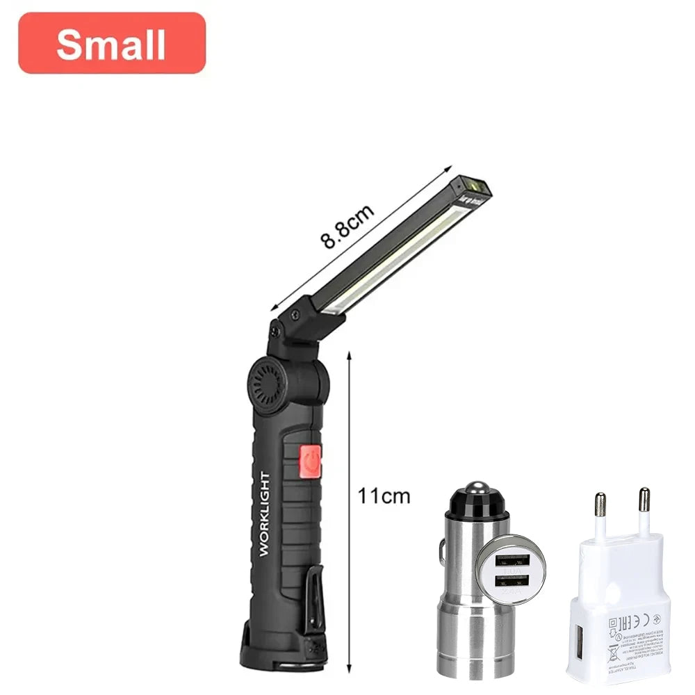Folding COB XPE LED Work Light Flashlight USB Rechargeable Torch Magnetic Base & Hook, Emergency Car Inspection Lamp Red SOS