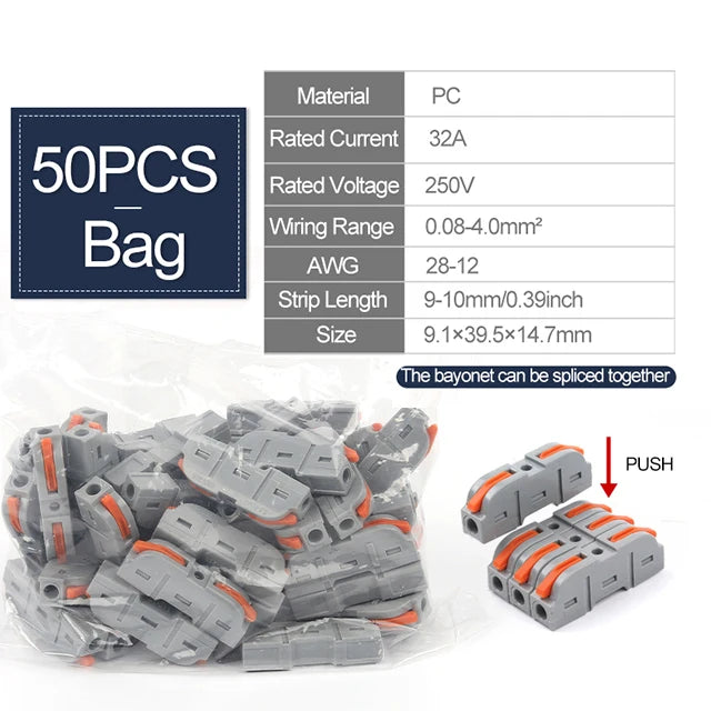 34/50pcs Lever Wire Connector Quick Connection 28-12 AWG 1-to-1 In-Line Compact Splice Insulated Terminal