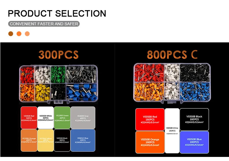 300/800PCS VE Tubular Crimp Terminal Electrical Wire Insulated Terminator Block Cord End Connector, Crimping Terminals Kit