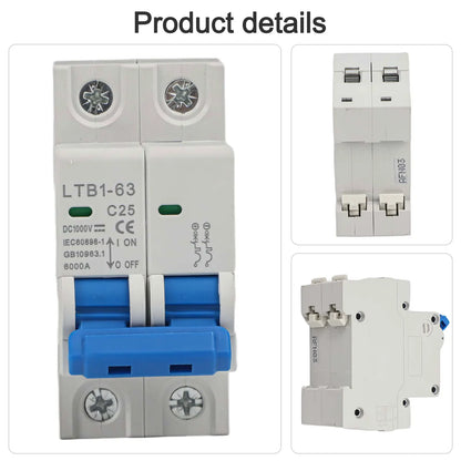 For Solar Photovoltaic Compatible DC 1000V Circuit Breaker Available in 6A to 63A Rated Currents for Overload Protection