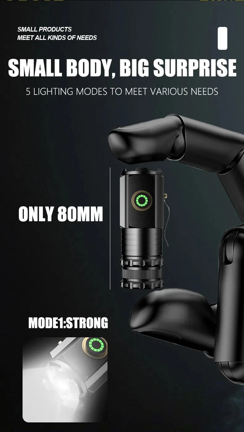 Long Range LED Flashlight Zoom Tactical Torch Type-C Display