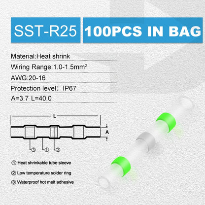 100pcs Heat Shrink Wire Connectors Red AWG 22-18 Butt Electrical Connectors Tinned Solder Sealed Terminals