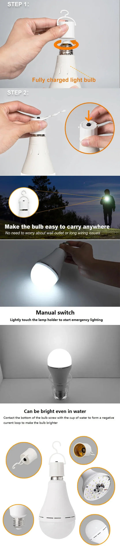 Portable E27 LED Bulb Lamps 9W 15W Rechargeable High Brightness LED Bulb Lights for Indoor Outdoor Camping Emergency Lighting