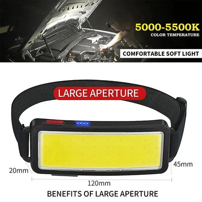 COB LED Rechargeable Headlamp with Built-in Battery Waterproof Head Torch
