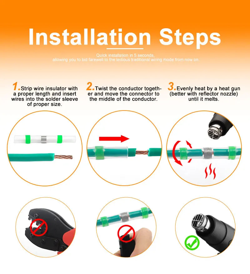 100pcs Heat Shrink Wire Connectors Red AWG 22-18 Butt Electrical Connectors Tinned Solder Sealed Terminals