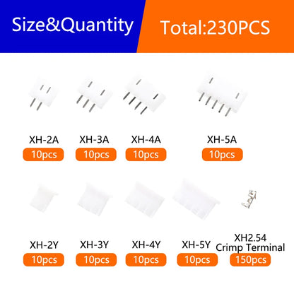 230PCS JST XH2.54 PH2.0 Connector Terminal Kit 2.54/2.0mm Wire Adaptor