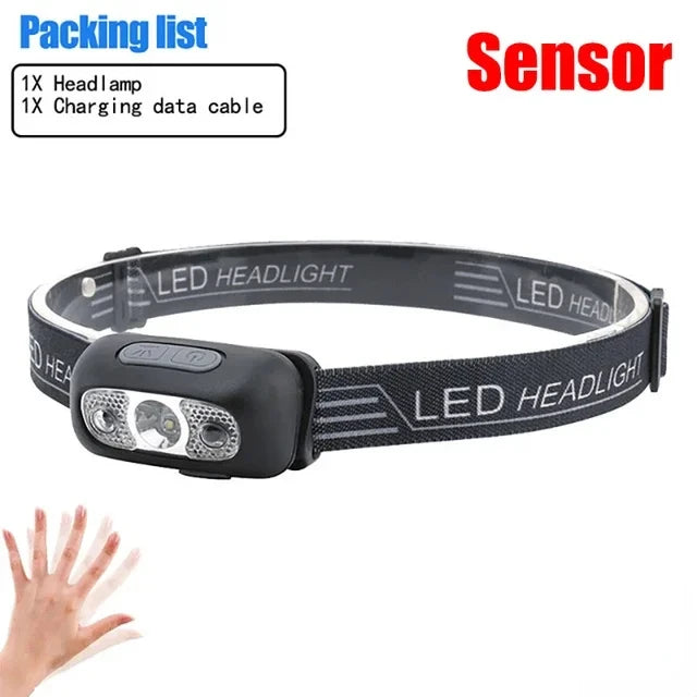 Mini LED Rechargeable Sensor Headlamp Built-in Battery USB Head Flashlight Outdoor Waterproof Camping Fishing Headlight