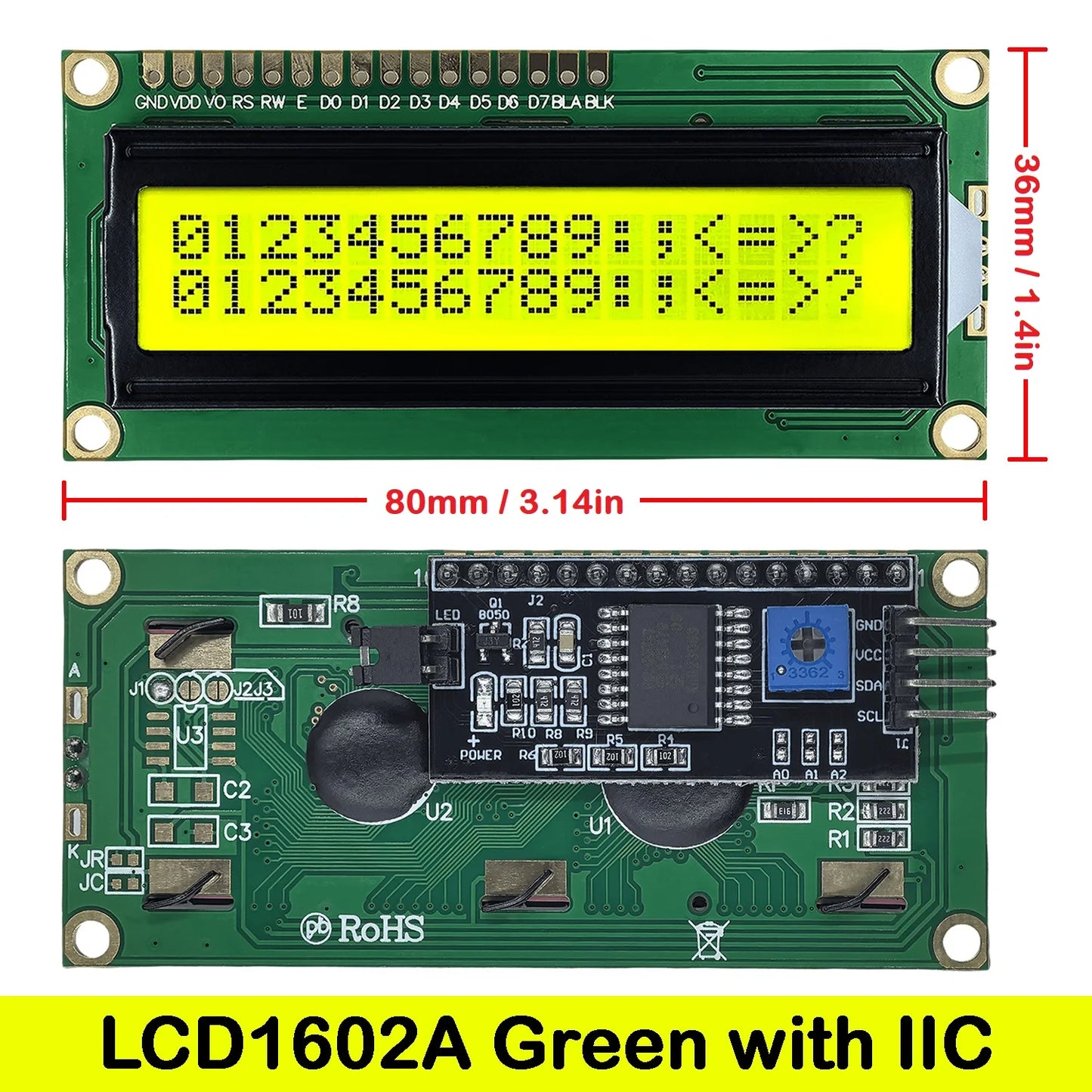 LCD1602 16x2 Character I2C LCD Display Module with PCF8574 Interface 5V Blue Yellow Green Screen for Arduino Projects