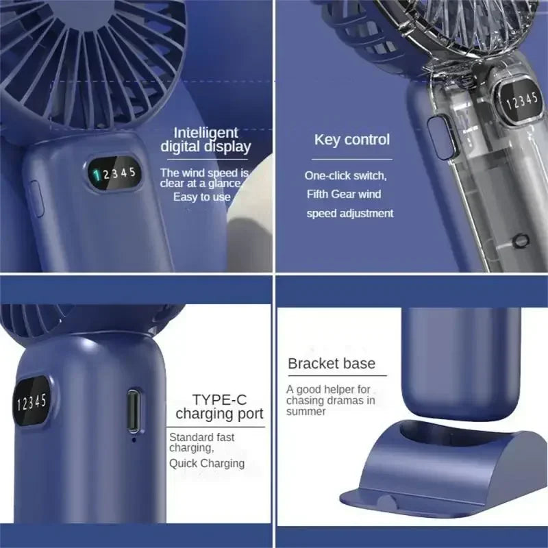 Creative Mini Handheld Small Fan USB Charging Portable 5 Speed High Wind Desktop Office Travel Pocket Fan Student Indoor Quiet