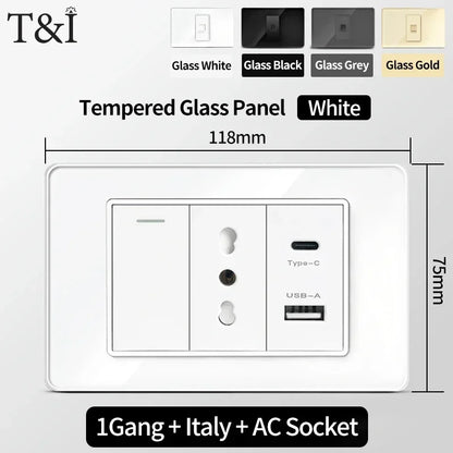 118x75mm Type-C Fast Charging Wall Socket Italy & Chile Schuko Outlet Tempered Glass Panel Type Switch