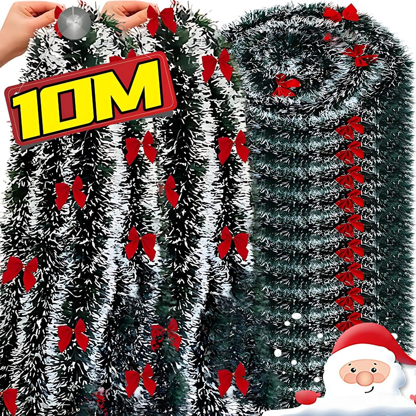 10/2M Christmas Bow Ribbon Garland Embellished Green Tinsel Xmas Tree Hanging Ornament Holiday Party Home Wedding Decoration