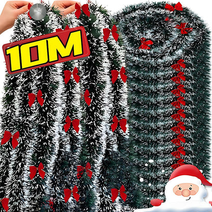 10/2M Christmas Bow Ribbon Garland Embellished Green Tinsel Xmas Tree Hanging Ornament Holiday Party Home Wedding Decoration