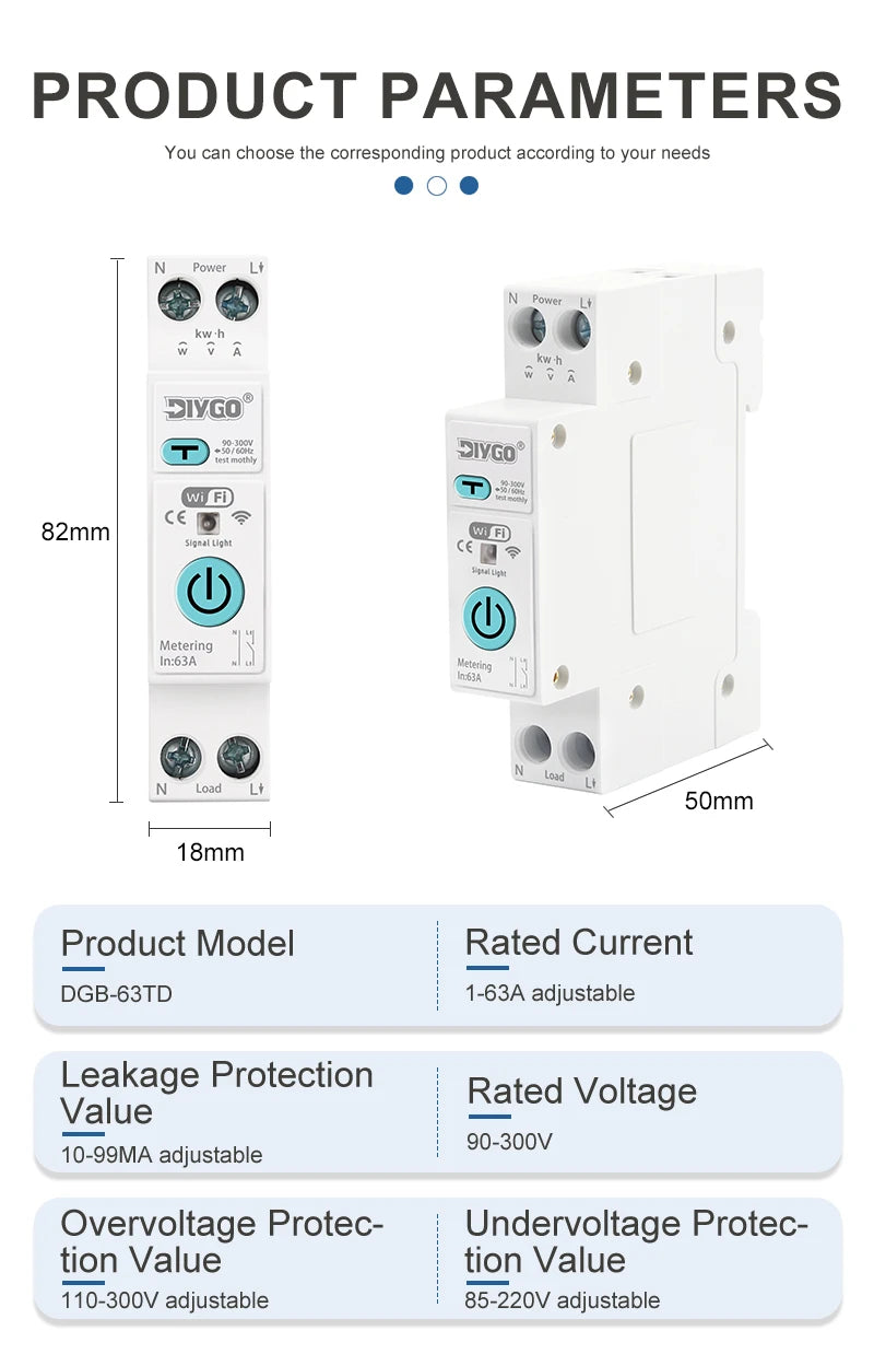 DGB-63TD Tuya WiFi Smart Switch, Current Voltage Leakage Protection Metering Circuit Breaker, Remote Control Wireless Timer Relay