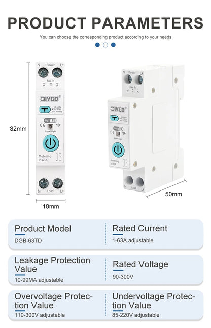 DGB-63TD Tuya WiFi Smart Switch, Current Voltage Leakage Protection Metering Circuit Breaker, Remote Control Wireless Timer Relay