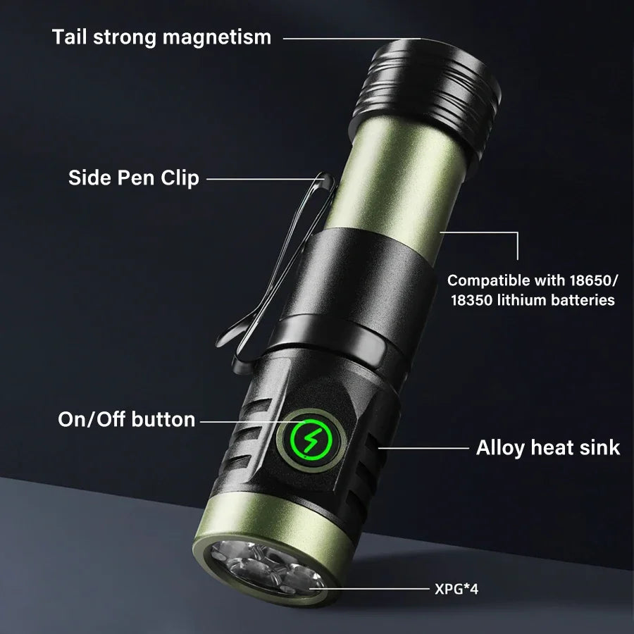 Rechargeable LED Flashlight Powerful Torch with Side Light Power Bank Zoom Emergency Lamp Outdoor Strong Light Camping Lantern