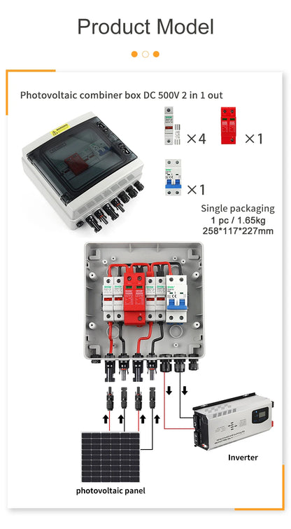 Solar Photovoltaic PV Combiner Box 500V 2 In 1 Out Lightning Protection DC Fuse MCB SPD IP65 Waterproof Outdoor Wall-Mounted