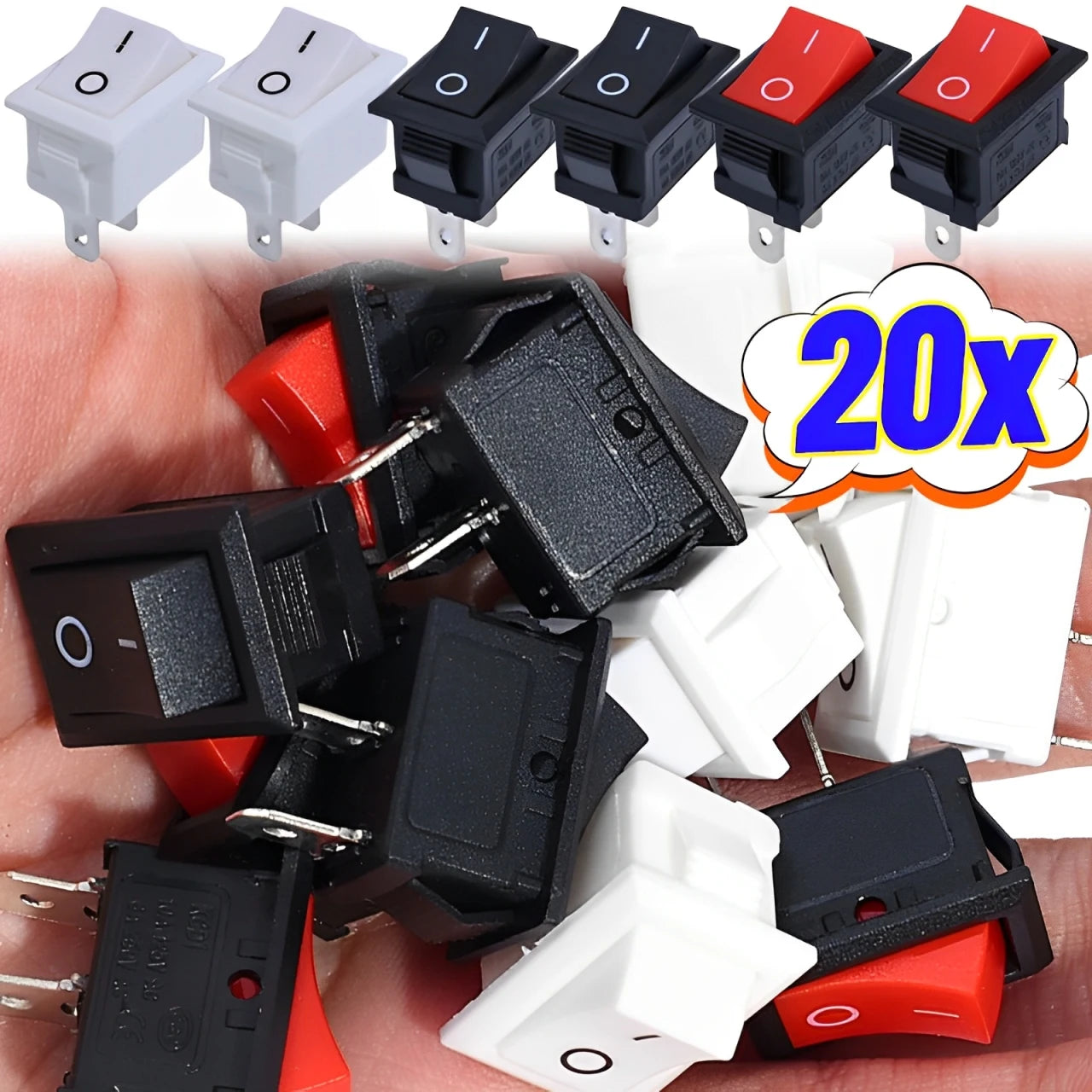 Mini Rocker Switch SPST Black and Red Snap in Switches Button AC 250V 3A / 125V 6A 2 Pin I/O 21*15mm on-off Switch Rocker