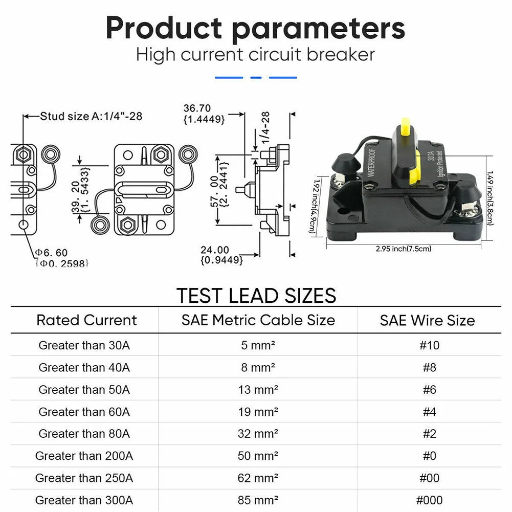 Car Circuit Breaker Fuse Reset 30–300A 12V–48V DC, Waterproof Auto and Boat Electrical Switch