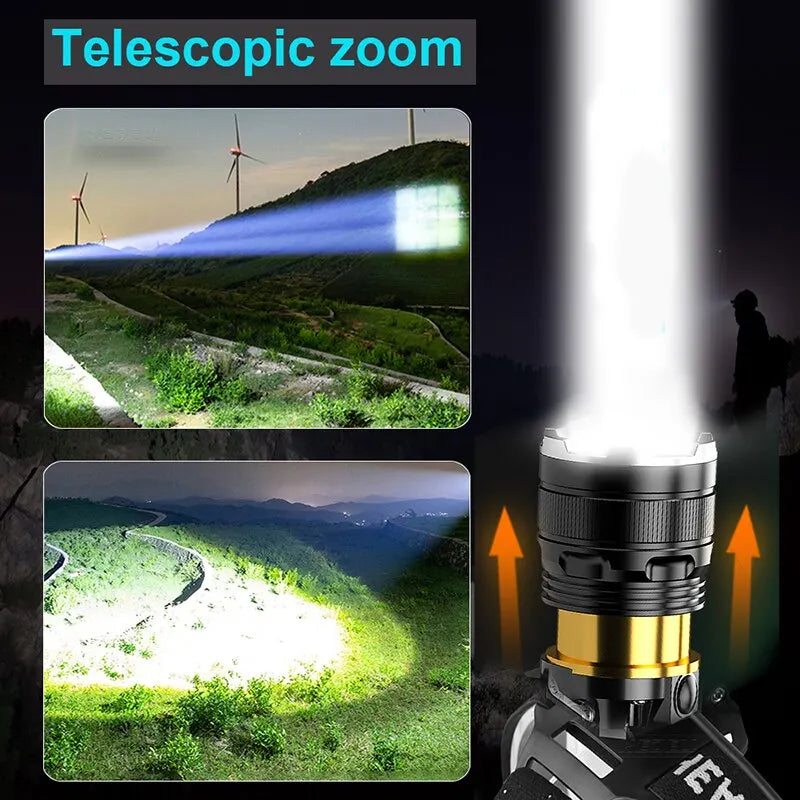 9000LM Zoom Headlamp Super Bright XHP50 Sensor LED Head Torch Usb Rechargeable Outdoor Camping Searching Headlight Flashlight