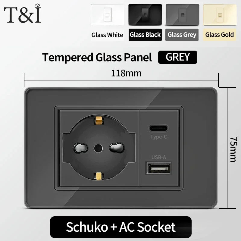 T&I Wall Switch Socket with USB-C Fast Charging Italy & Chile Schuko Outlet Tempered Glass Panel