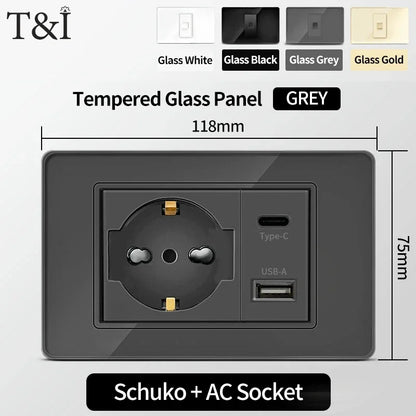 T&I Wall Switch Socket with USB-C Fast Charging Italy & Chile Schuko Outlet Tempered Glass Panel