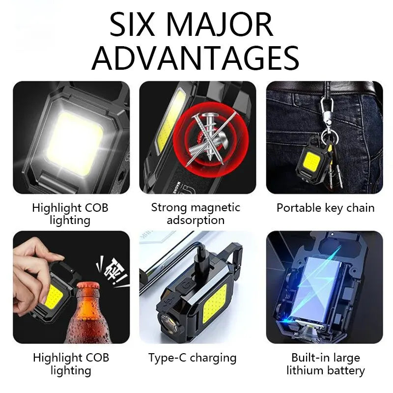 COB Work Light USB Rechargeable Lamp Flashlight Mini Keychain Light with 90° Foldable Side Lights Super Bright Portable Lanterns
