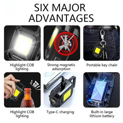 COB Work Light USB Rechargeable Lamp Flashlight Mini Keychain Light with 90° Foldable Side Lights Super Bright Portable Lanterns