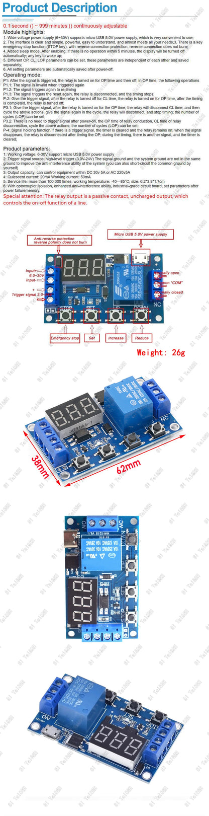 XY-J02 1-Channel 5V Relay Module with Adjustable Time Delay 6-30V