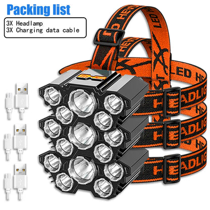 USB Rechargeable 5LED Headlamp High Power Head Flashlight 18650 Built-in battery Headlight LED Head Torch For Camping Fishing