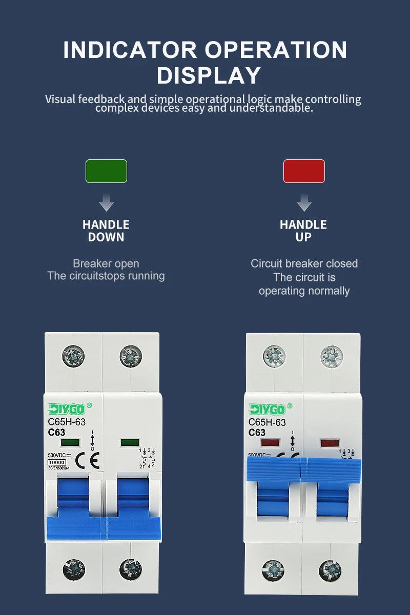 2P DC MCB 6KA 500V Solar Mini Circuit Breaker, 6A–63A for PV System, Battery Main Switch