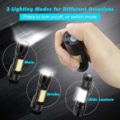 COB+XPE Mini LED Pocket Flashlight with Pen Clip Portable USB Rechargeable Torch Outdoor Zoomable Light Tactical Lantern Lamp