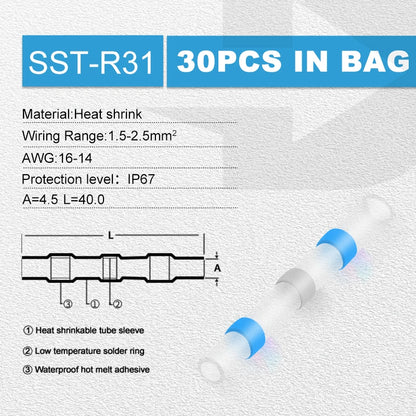 30pcs Heat Shrink Tube Solder Ring Terminal Insulation Waterproof Wiring Terminal Wire Docking Quick Terminal