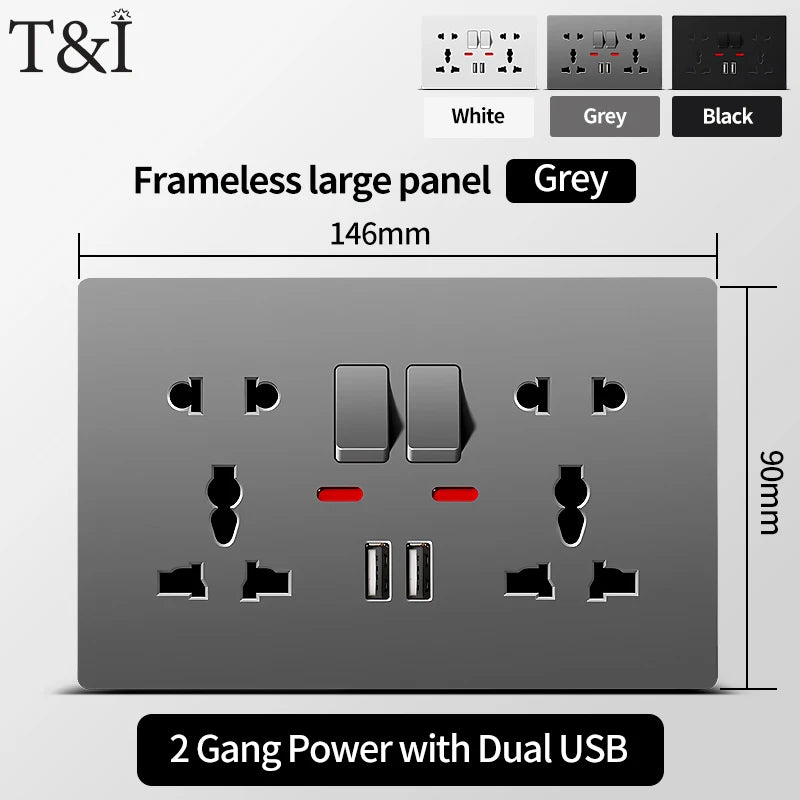 Universal Wall Socket with USB-C and USB Charger 2 Gang Power Outlet with Switch Flush Mount AC 110-250V