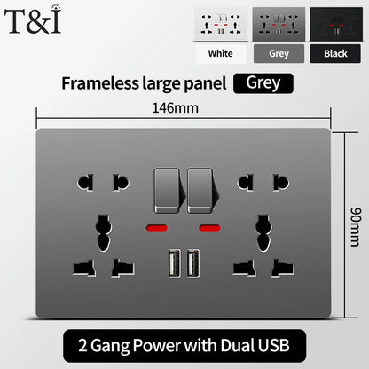 Universal Wall Socket with USB-C and USB Charger 2 Gang Power Outlet with Switch Flush Mount AC 110-250V