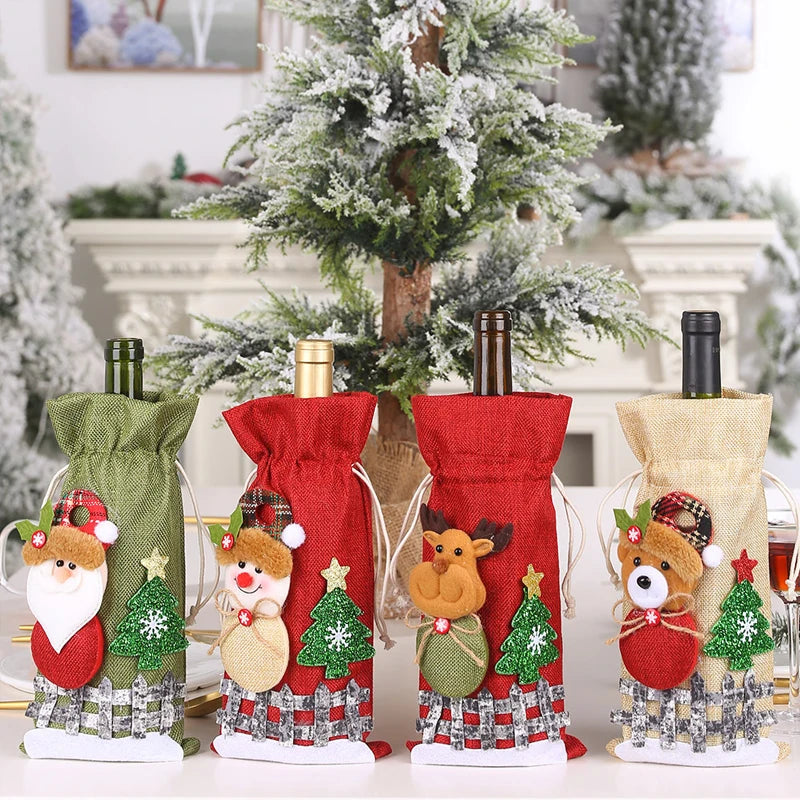 Creative Christmas Wine Bottle Cover Set Velvet Santa & Snowman Decor