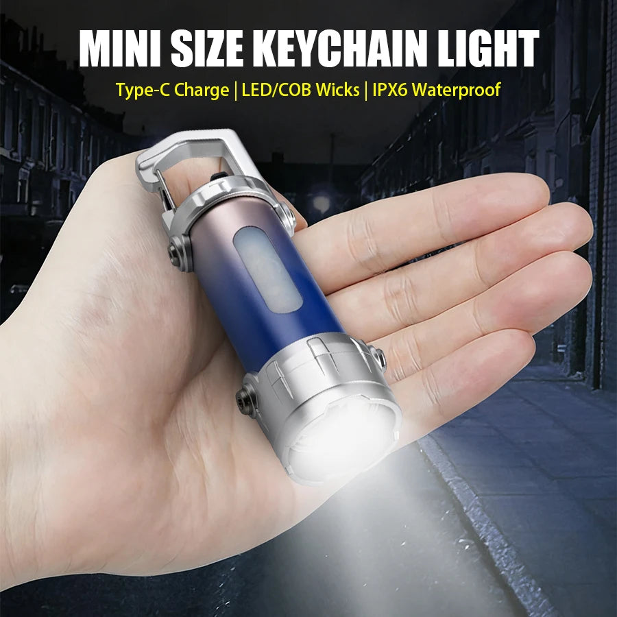 New COB Keychain Work Light Rechargeable LED Flashlight Portable Hiking Light with Hook Waterproof Keyring Camping Pocket Lamp