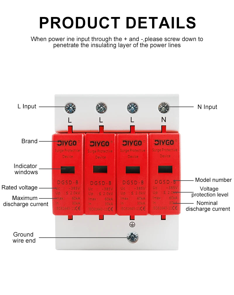 AC SPD 4P House Lightning Surge Protector 10-20KA 20-40KA 30-60KA 385V Solar PV Low-Voltage Arrester 3P+N