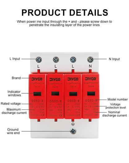 AC SPD 4P House Lightning Surge Protector 10-20KA 20-40KA 30-60KA 385V Solar PV Low-Voltage Arrester 3P+N