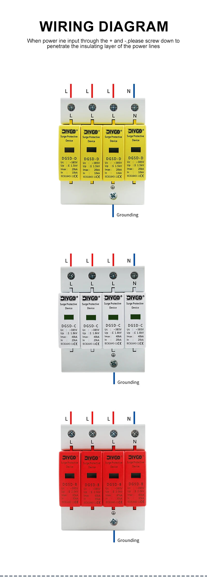 AC SPD 4P House Lightning Surge Protector 10-20KA 20-40KA 30-60KA 385V Solar PV Low-Voltage Arrester 3P+N