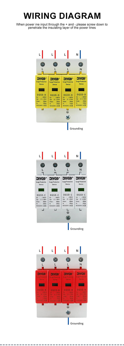 AC SPD 4P House Lightning Surge Protector 10-20KA 20-40KA 30-60KA 385V Solar PV Low-Voltage Arrester 3P+N
