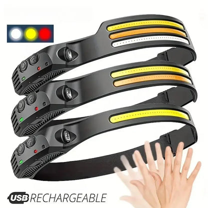COB LED Headlamp 6000K 350 Lumens | 5 Modes, Motion Sensor, IPX4, 1200mAh Rechargeable | Climbing Running Cycling