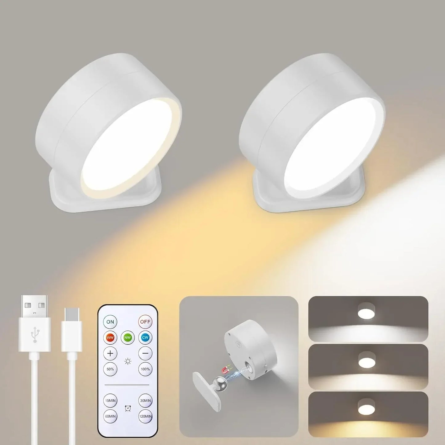 LED Wall Mounted Lights with Remote Wireless Magnetic Wall Sconces 3 Color Dimmable USB Rechargeable for Bedroom Bedside Light